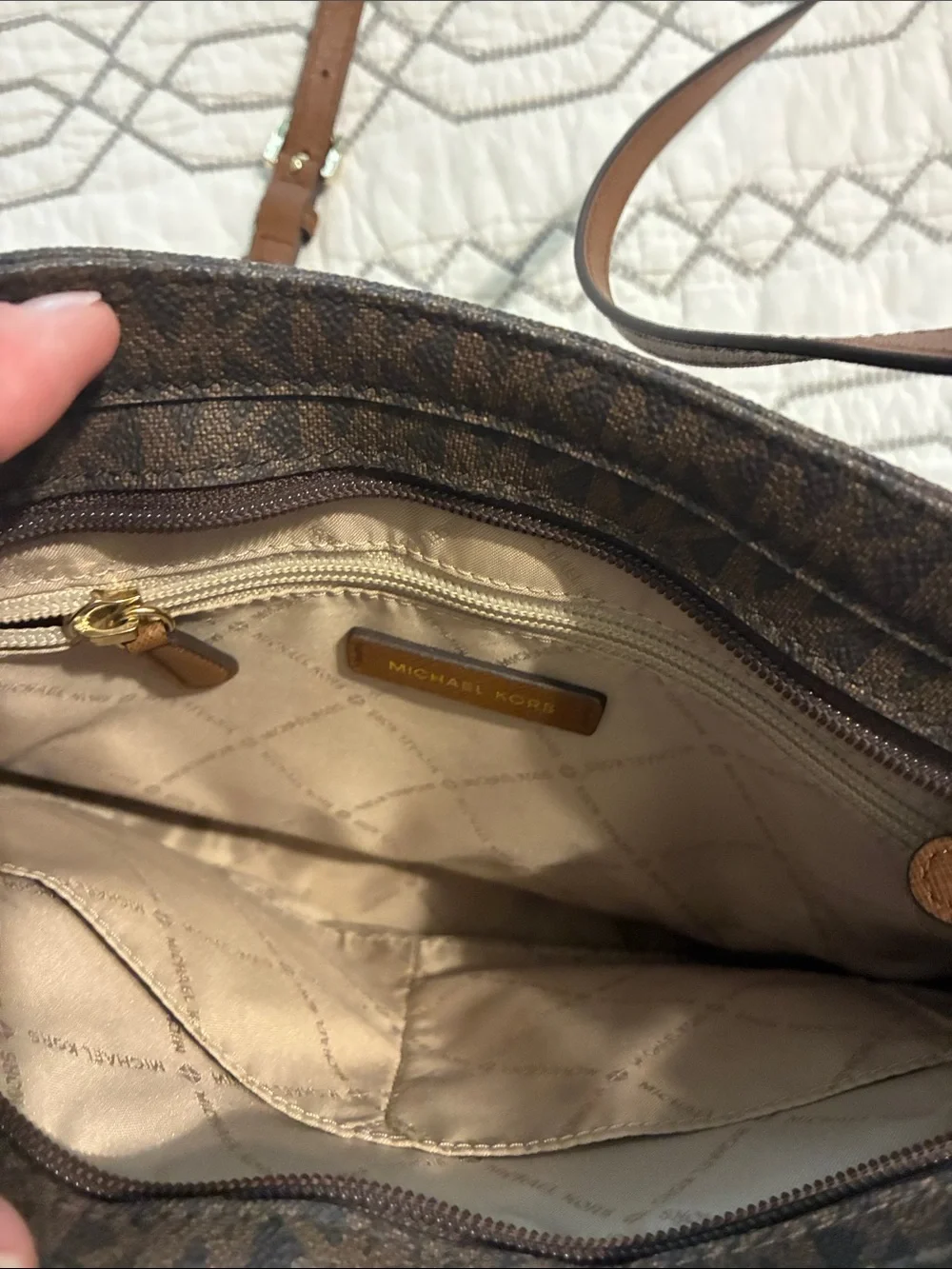 NWOT!!! Michael Kors Dark Brown Monogram Crossbody with Gold Charm